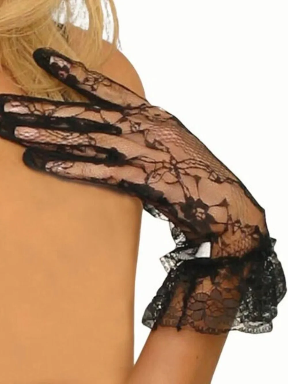 Black Lace Wrist Length Gloves with Ruffle Trim